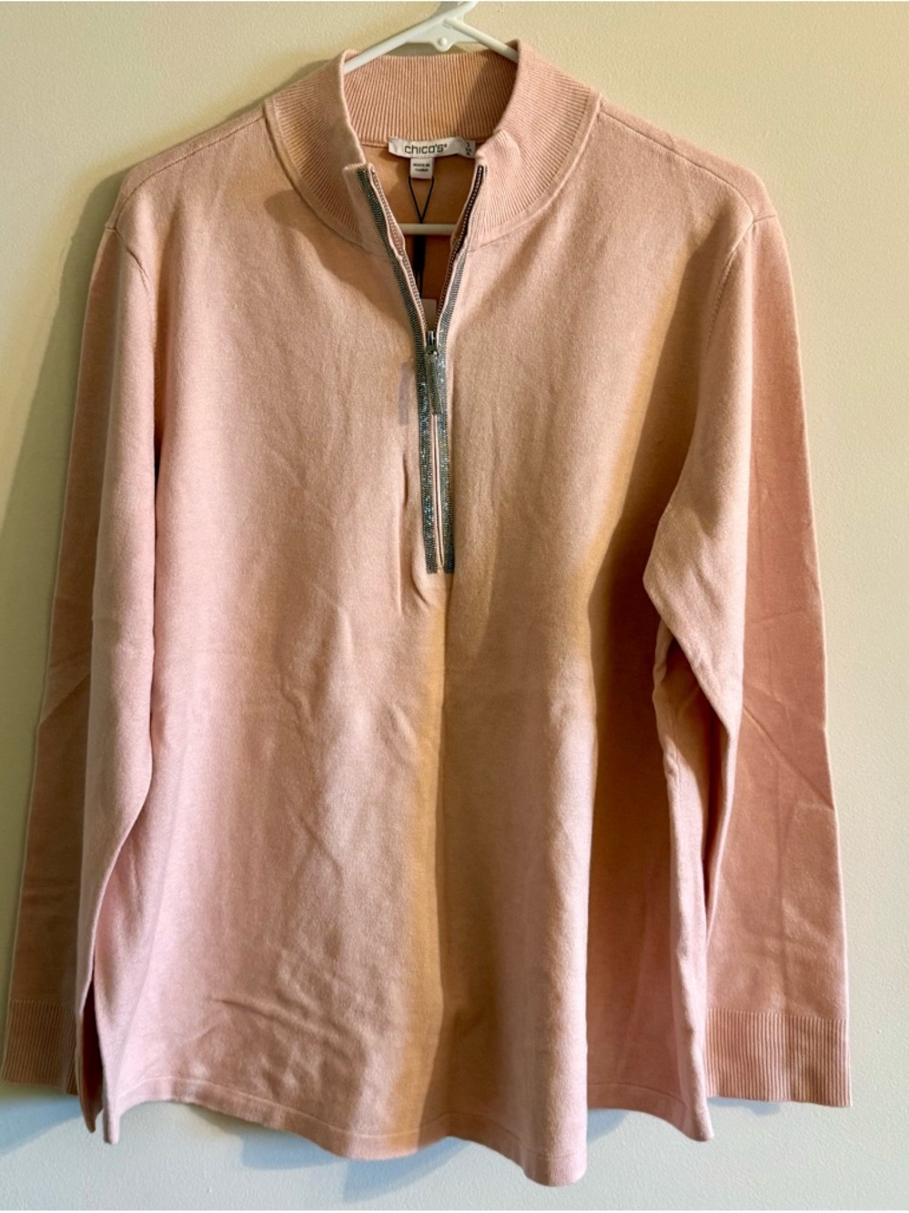 NWT Chico's Pink Cashmere Blend Luxe Metallic-Trim Quarter Zip Pullover Size XL - Picture 2 of 6